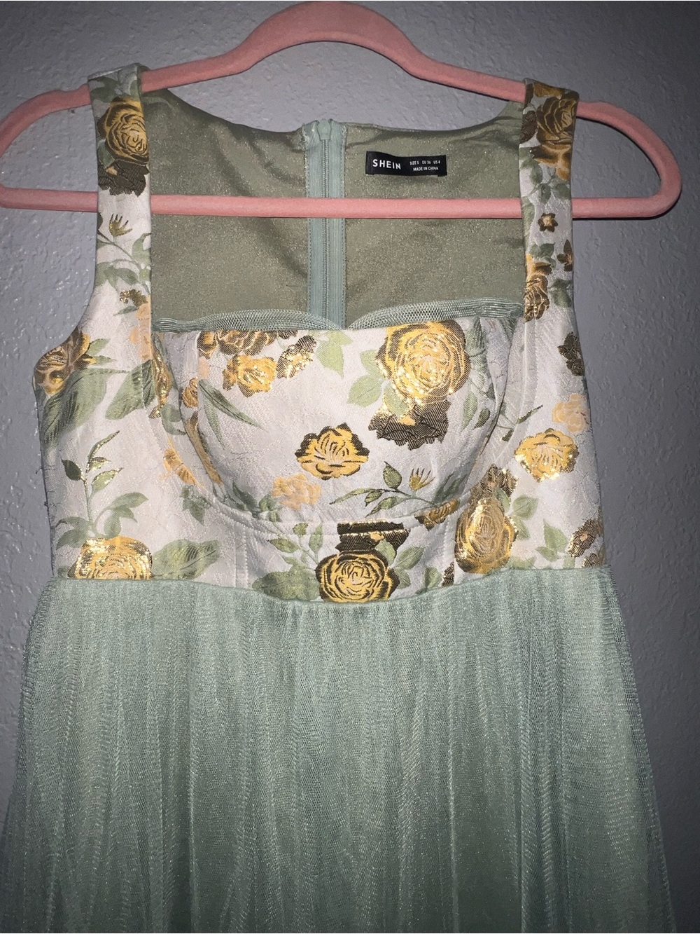 Sage Green Tiered Tulle Floral Jaquard Midi Dress Size M - Picture 3 of 8